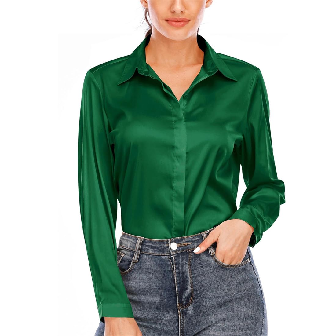 Camisa De Satén para Mujer, Blusas De Seda De Manga Larga con Cuello Vuelto, Camisa Informal De Oficina, Tops De Talla Grande