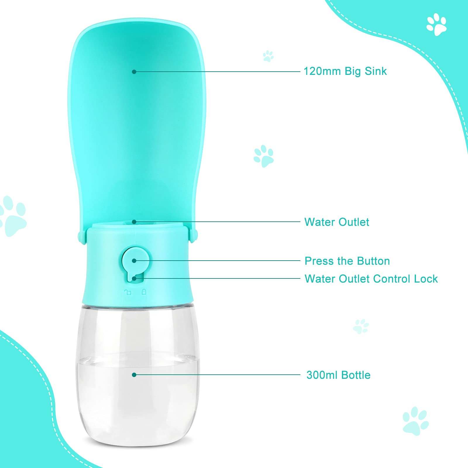 JOPHEK 300ML Botella de Agua para Mascotas, 180°Plegable Botellas de Agua para Perro Gato con Botón de Bloqueo y Filtro de Carbón Activado para Acampar a Pie Todos los Días