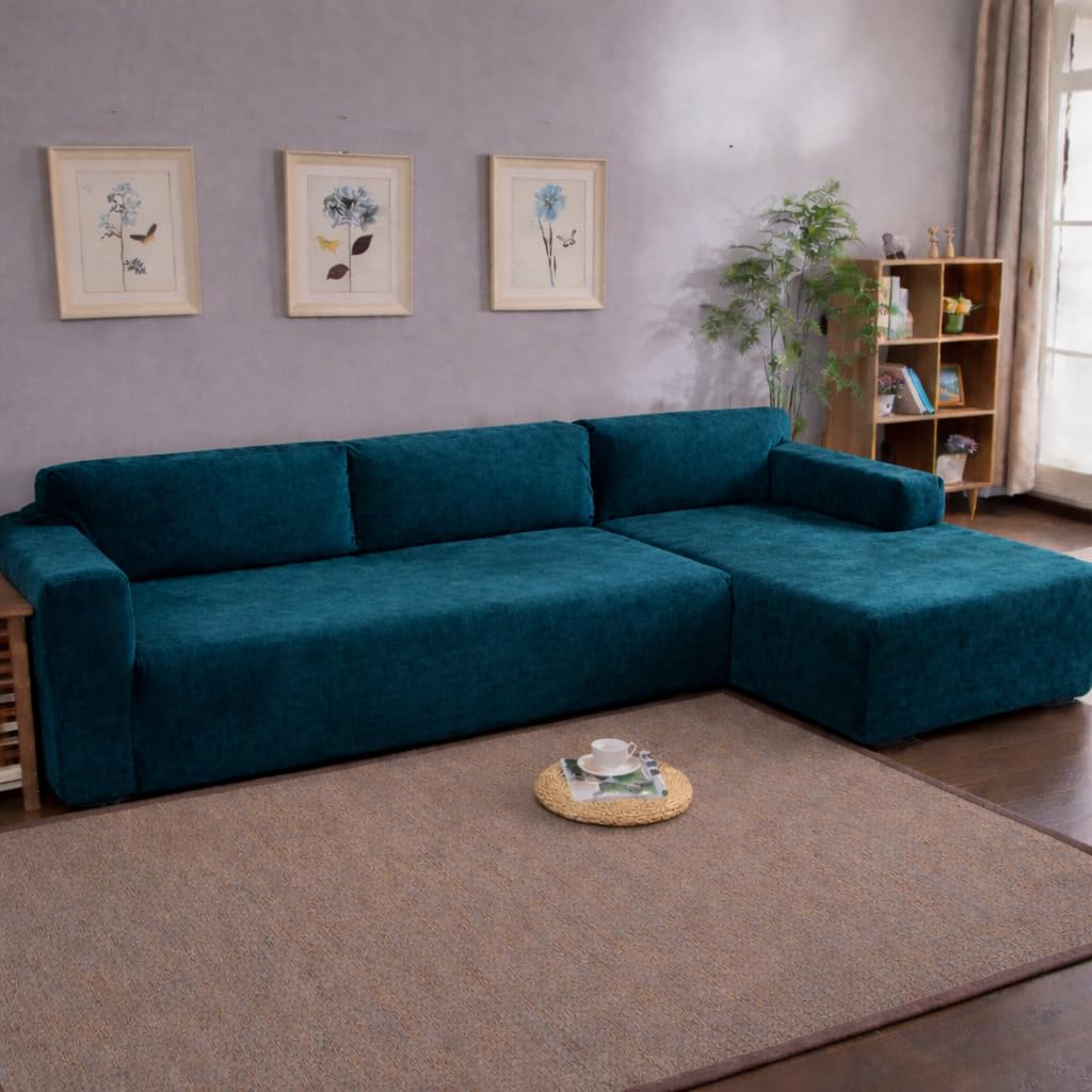 Gifts Island Premium 160GSM Super Soft Green Velvet Stretchable Sofa Cover L Shape 6 Seater Fully Covered | Suitable for Both Left and Right Side Chaise Sofa (Green Velvet, 3+3 Seater)-image-4