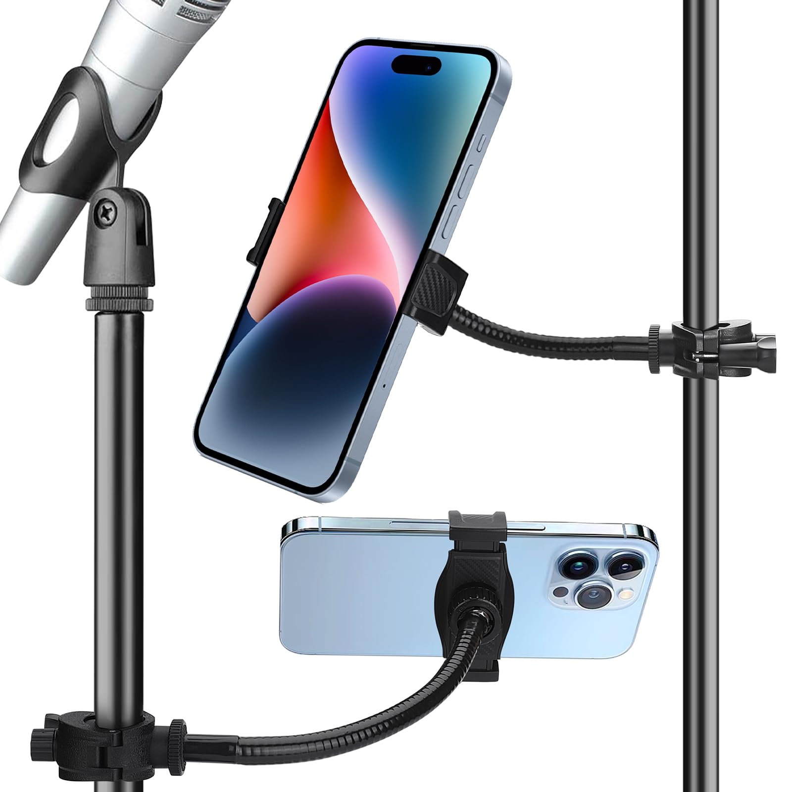 Mic Stand Phone Holder, Universal Smartphone Clip, Adjustable Flexible Pole Phone Mount for Microphone, Music, Drum Stand