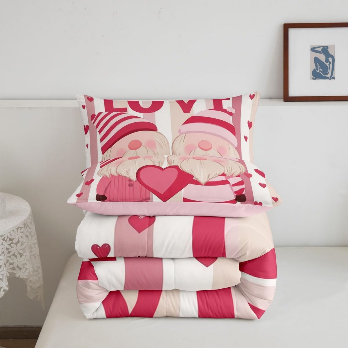 Erosebridal Couple Lover Down Comforter Romantic Weeding Queen Comforter Set for Couple Gifts Gnome Weeding Love Heart Bedding Sets Pink and White Striped Quilt Set for Room Decor