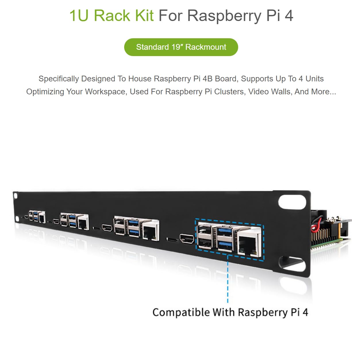 Kit rack 1U compatibile con scheda Raspberry Pi 4B Montaggio a rack da 19 ″ Supporta fino a 4 unità Ottimizzazione dello spazio di lavoro