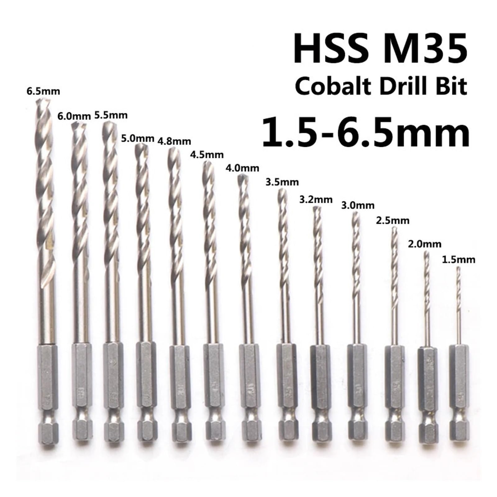 Juego de brocas de cobalto M35 de 13 uds, brocas helicoidales HSS CO de 1,5-6,5mm con vástago hexagonal de 1/4 "para metal endurecido y acero inoxidable
