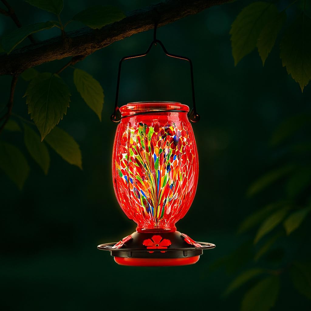 Solar Hummingbird Feeder for Outdoors Hanging Patio Designed 32 Ounces Colorful Hand Blown Glass Hummingbird Feeder 5 Feeding Ports with Perch Never Leak (Red) - Image 8