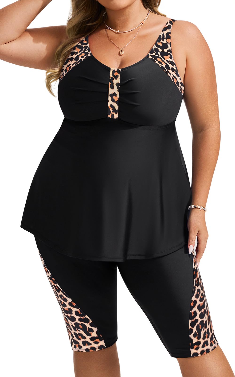 Hanna Nikole Womens Plus Size Tankini Swimsuits Two Piece Bathing Suit Flowy Rash Guard Swimwear with Capris Shorts