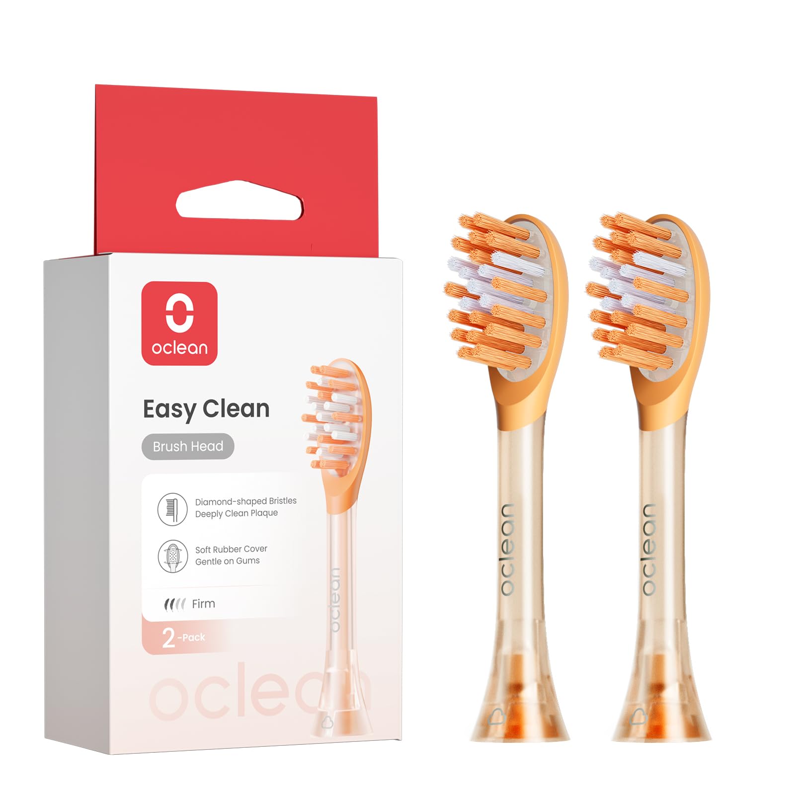 Oclean Easy Clean Têtes de rechange, pack de 2, Têtes de brosse pour la brosse à dents électrique Oclean Ease, Caoutchouc souple avec poils souples, Avec gratte-langue (Orange, Medium)