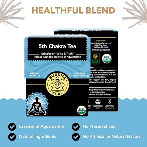 Miniatura 3 de Buddha Teas - Té del 5 Chakra - Té herbal orgánico - Para comunicación, creatividad y autoexpresión - Con regaliz, canela y esencia de aguamarina -