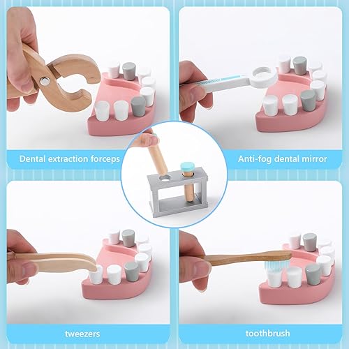 Miniatura 3 de umu Kit de médico para niños, juguete de simulación de 36 piezas de madera para niños pequeños, kit de dentista Montessori Toys para niños y niñas
