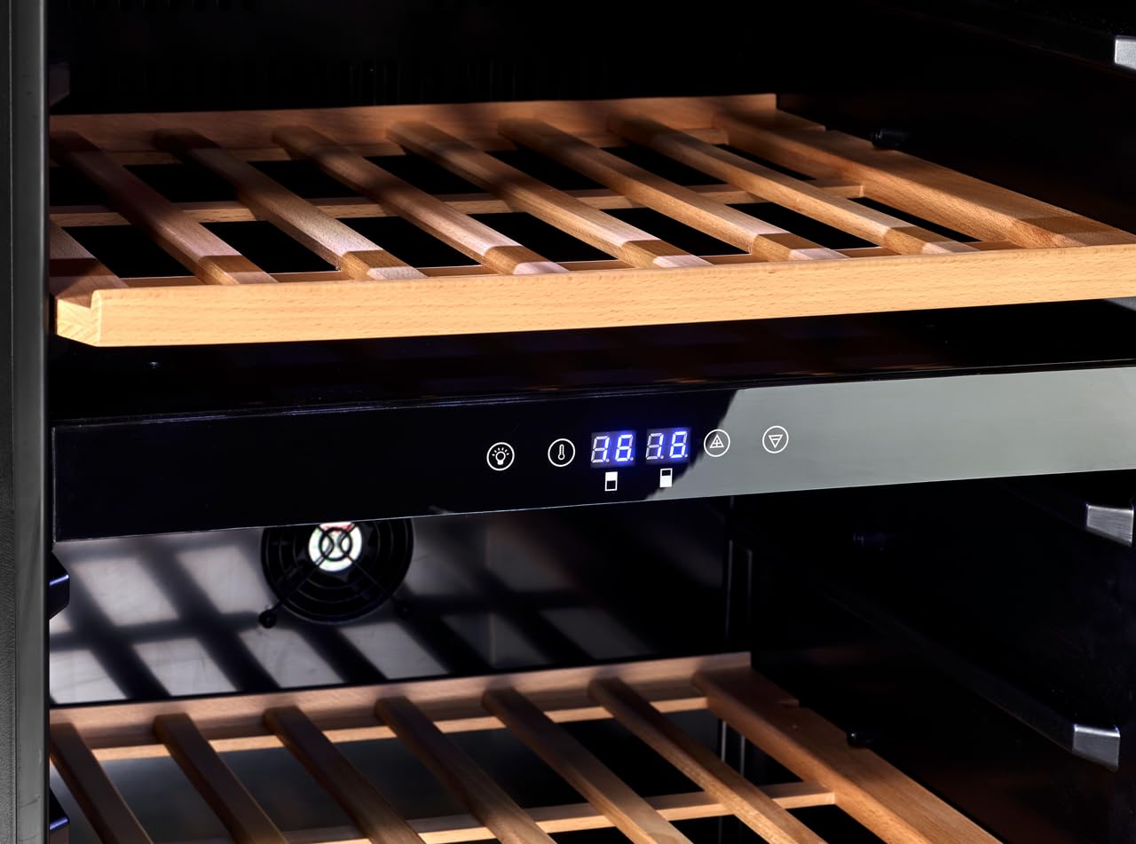 METRO Professional Cantinetta Vino Refrigerata GWC3091 | Acciaio Inox, Doppia Zona di Temperatura, 54 x 54 x 123.5 cm, 5 Ripiani in Legno, Termostato Touch e Luci a LED, da 5 a 22 °C (91 Bottiglie)