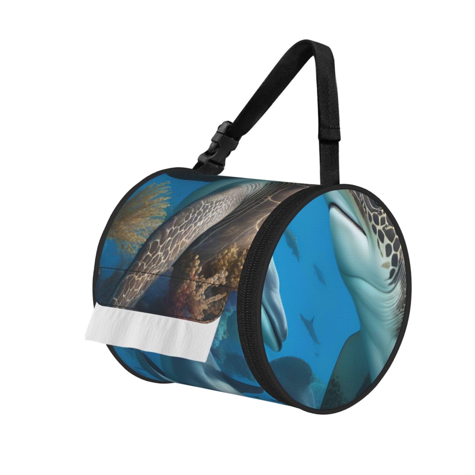 Dolphins Sea Turtle Shark Octopus Coral Reef Print Cylindrical Tissue Holder Bathroom Car Home Office Kitchen Decor Versatile