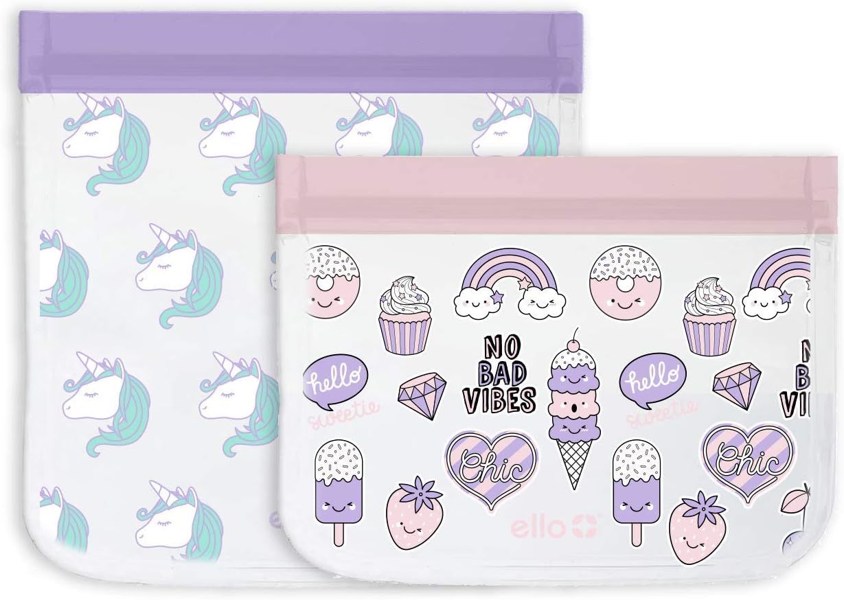 Ello Kids 4 Pack Reusable PEVA Leakproof 2 Lunch & 2 Snack Food Bags