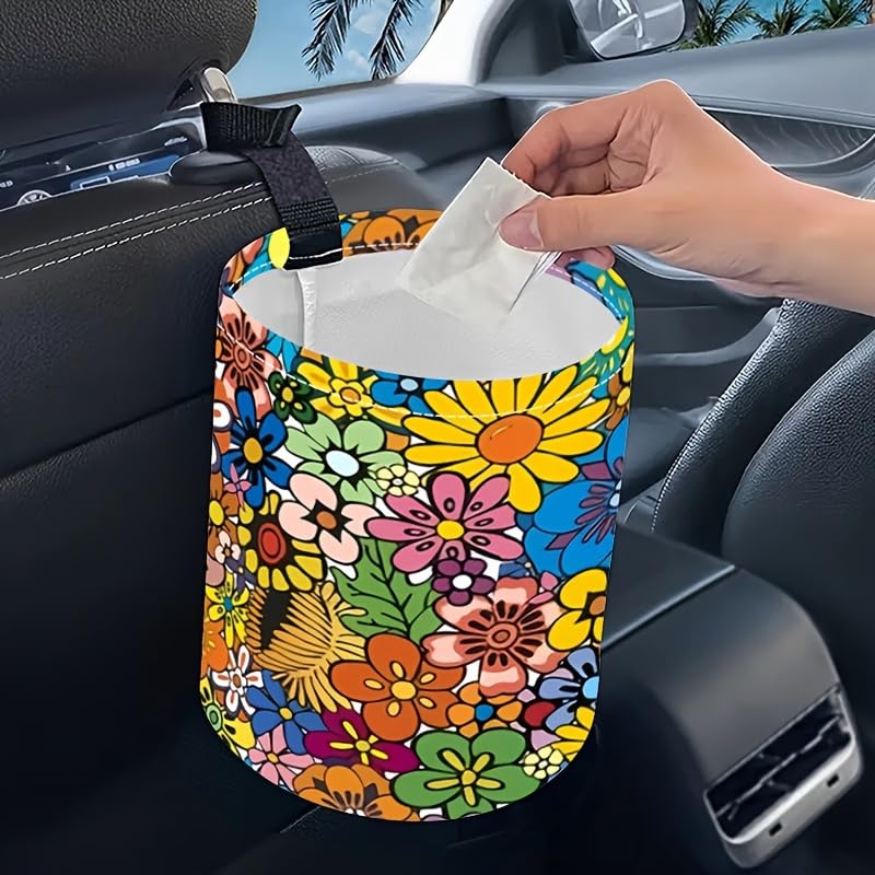 Image of Portable Reusable Waterproof Car Trash Bin, Multipurpose Vehicle Organizer, Road Trip Essentials (Flower Bush)