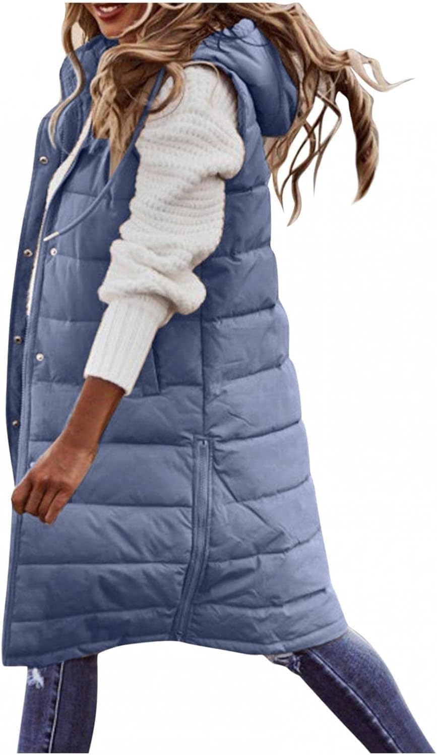 Womens Long Puffer Vest with Zipper Pockets Full Zip Sleeveless Quilted Vest Warm Down Padded Jacket with Hood