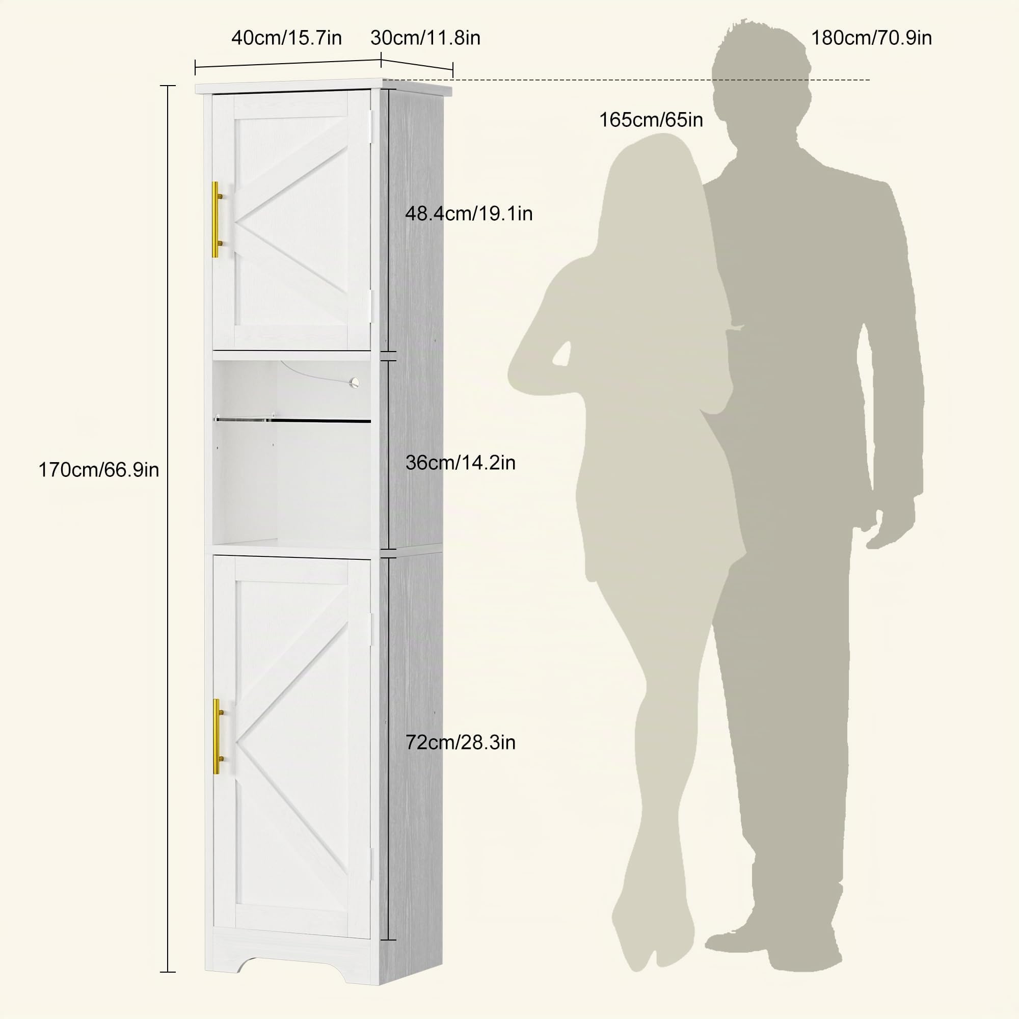 Armario Baño Estrecho con LED, 170x40x30 cm, Mueble Baño Madera, Estantería Nicho con Estantes Cristal Regulables, Armario Alto Multifuncional para Salón, Dormitorio y Baño