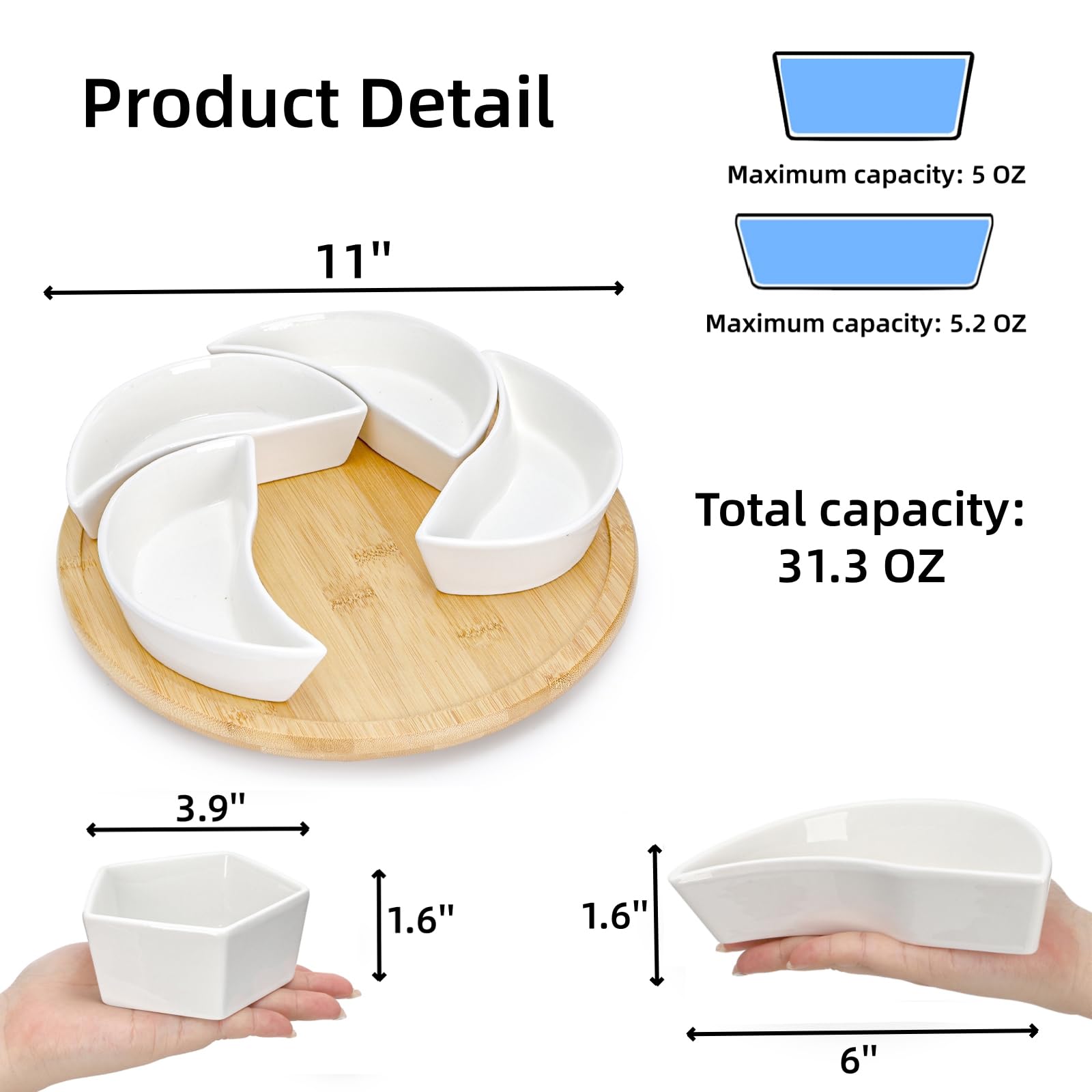 Cididu Keramik-Serviertablett, Platten, Lazy Susan, rotierendes geteiltes Servierset mit 6 abnehmbaren Fächern, 27,9 cm Vorspeisen-Gerichte, Snack-Schüssel-Set für Party, Küche, Obst