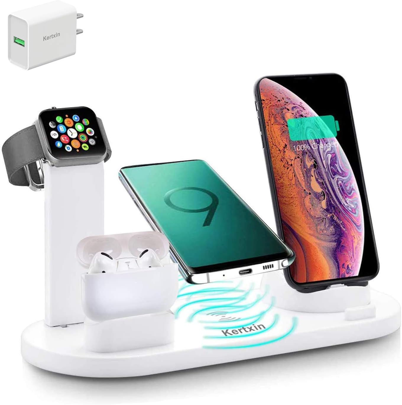 Kertxin Wireless Charger,4 in 1 Charging Station Qi Wireless Charging Stand for Apple Watch,iPhone,Airpods,Compatible with iPhone 12/11/11 pro Xs X Max XR X 8 8+ Samsung S20/S9/S8 : Cell Phones & Accessories