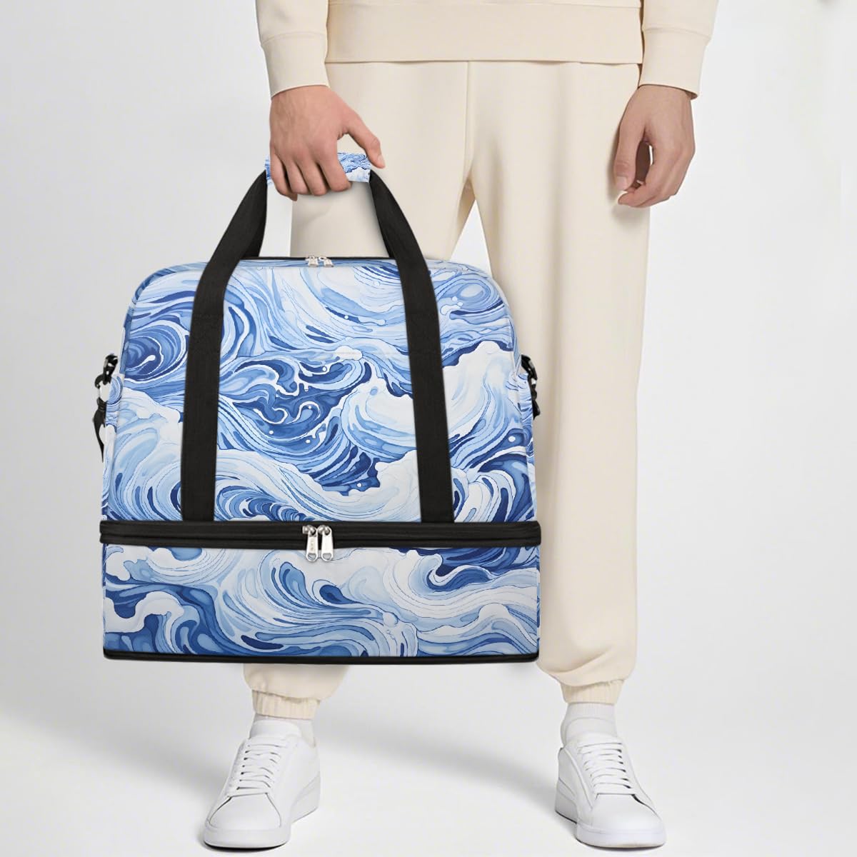 Borsone da viaggio pieghevole con motivo astratto a onde oceaniche, borsa da palestra espandibile con scomparto per scarpe, borsa da weekend di grande capacità, borsa da viaggio per sport, viaggi