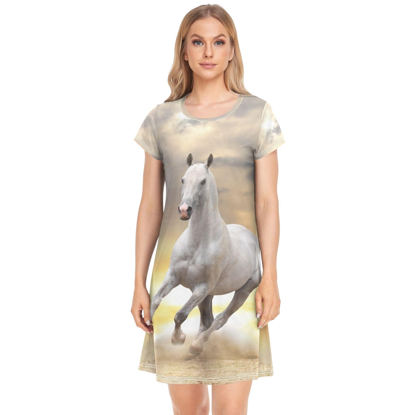 YOUJUNER Women's Nightdress White Horse Nighties Nightgown Short Sleeve Nightshirt Sleepwear Loungewear T-Shirt Dress