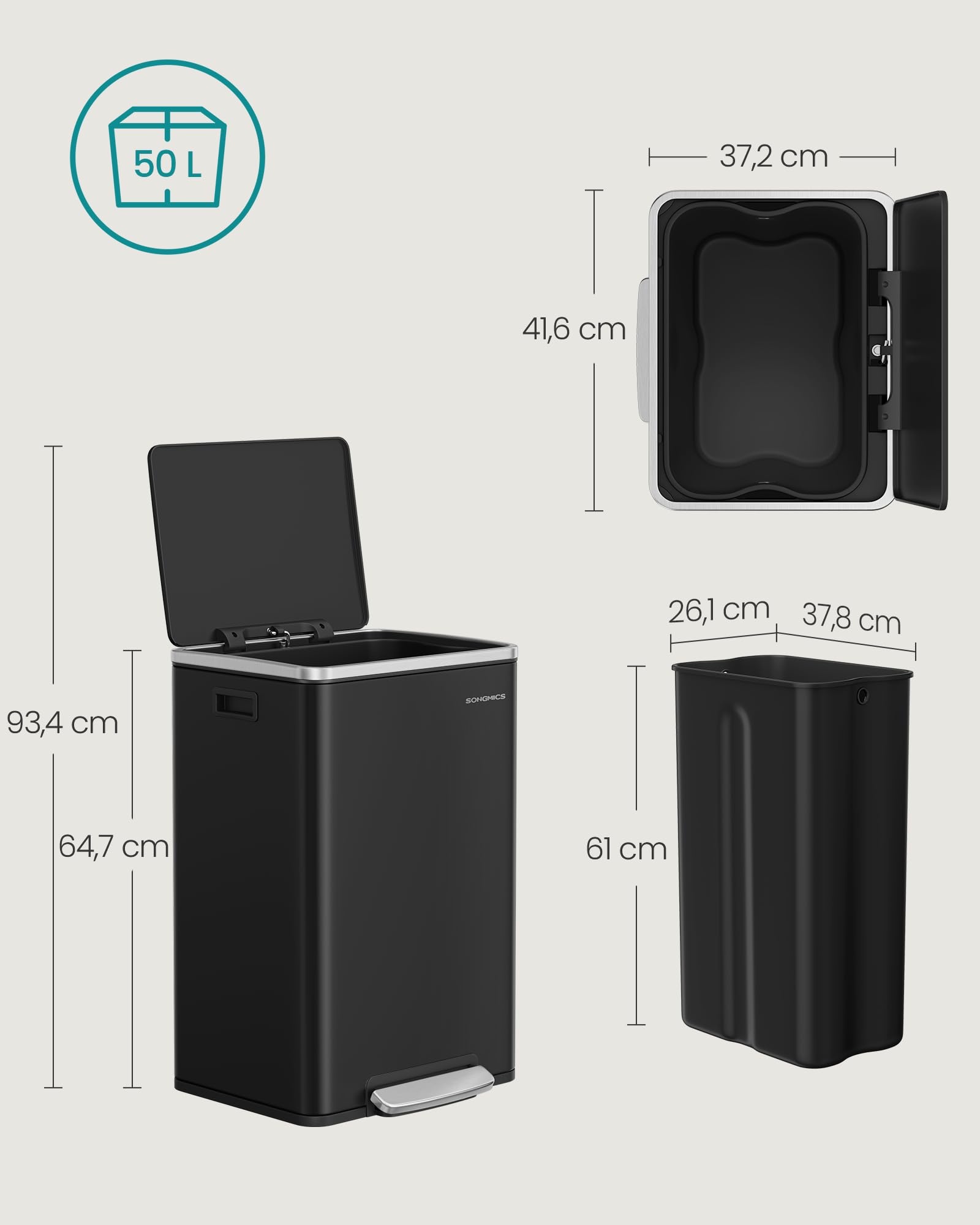 SONGMICS Mülleimer 50 L, 15 Müllsäcke, Stahl, herausnehmbarer Inneneimer aus Kunststoff, mit Deckel, Griffe, Softclose, tintenschwarz LTB595B02