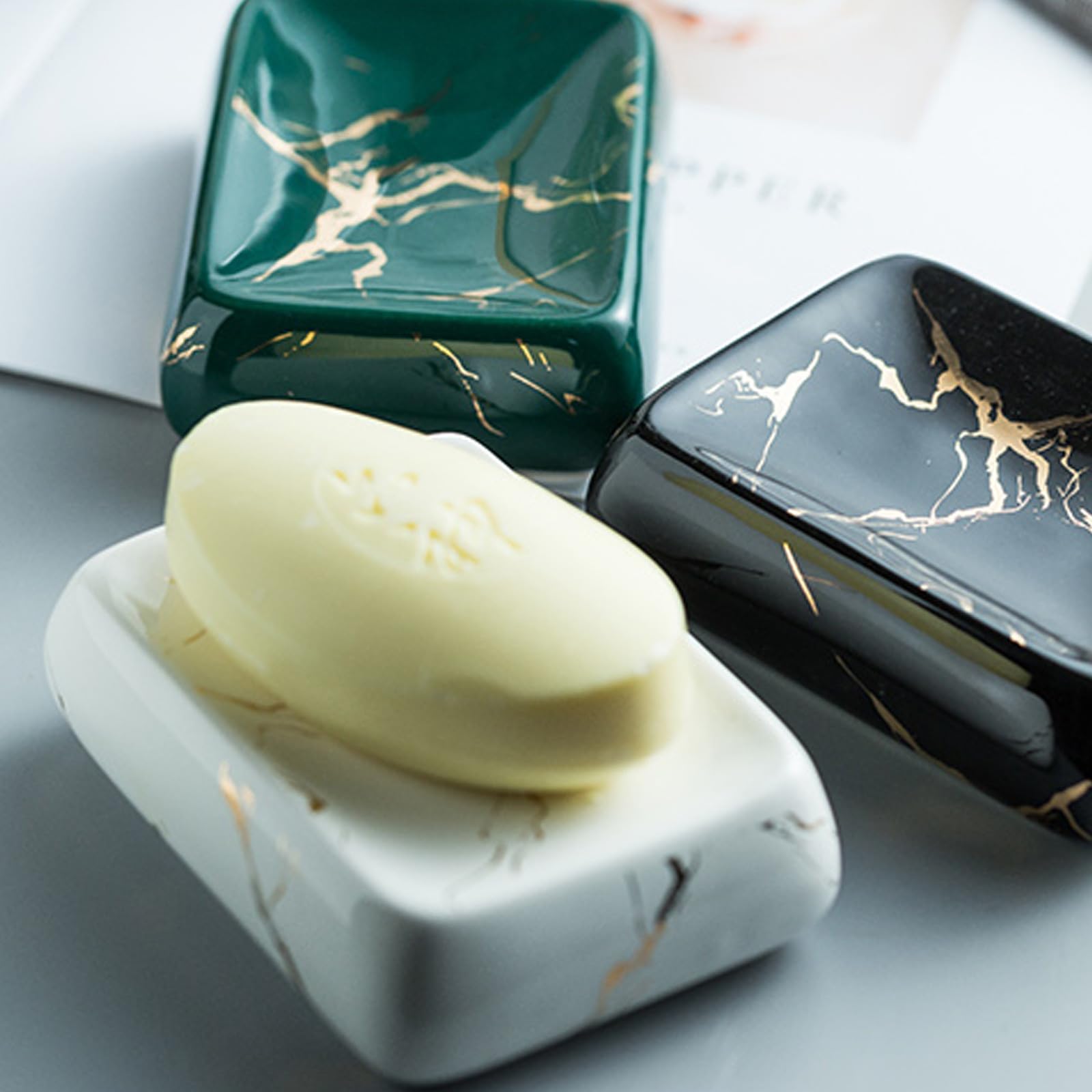 Set di 3 Accessori Bagno in Marmo Lucido Bianco, Contenitore Sapone, Portaspazzolino e Flacone Lozione, Compatto e Portatile per Organizzazione Lavabo e Igiene Quotidiana