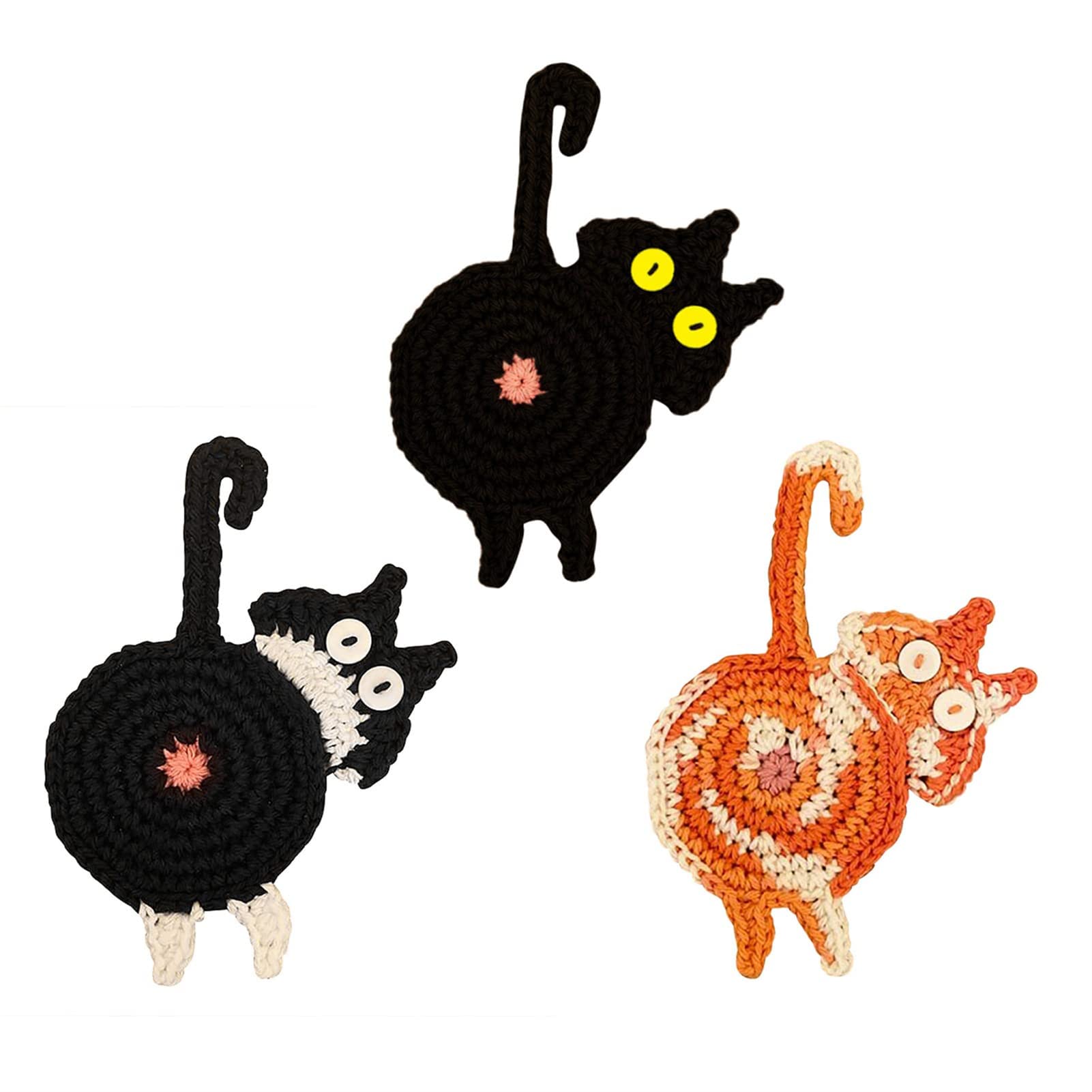 Amazon｜3ピースかわいい猫のお尻コースター手作りかぎ針編みの猫のお