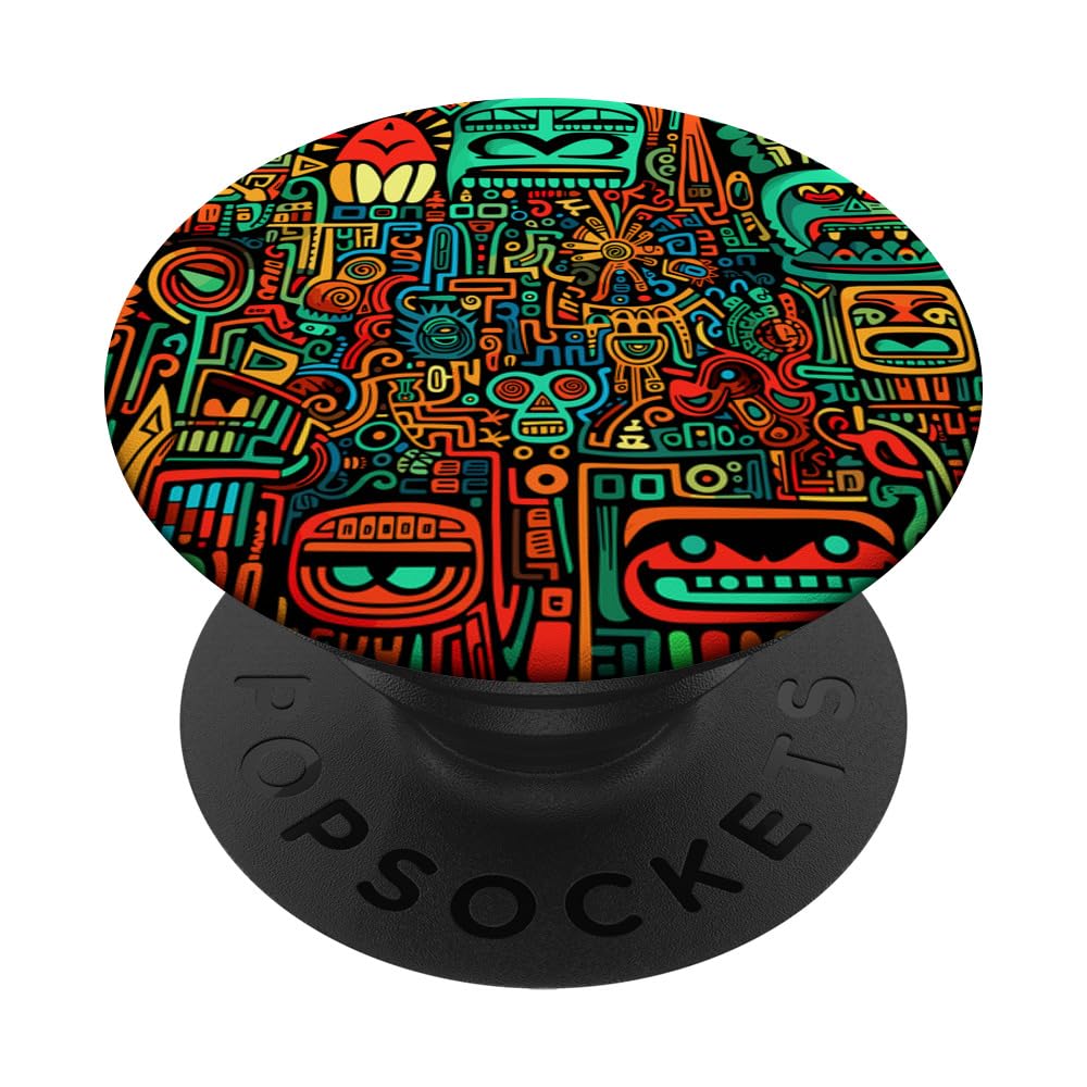 Tribal Figures Colorful Drawing Mesoamerican Style Mayan Art PopSockets Swappable PopGrip, Black