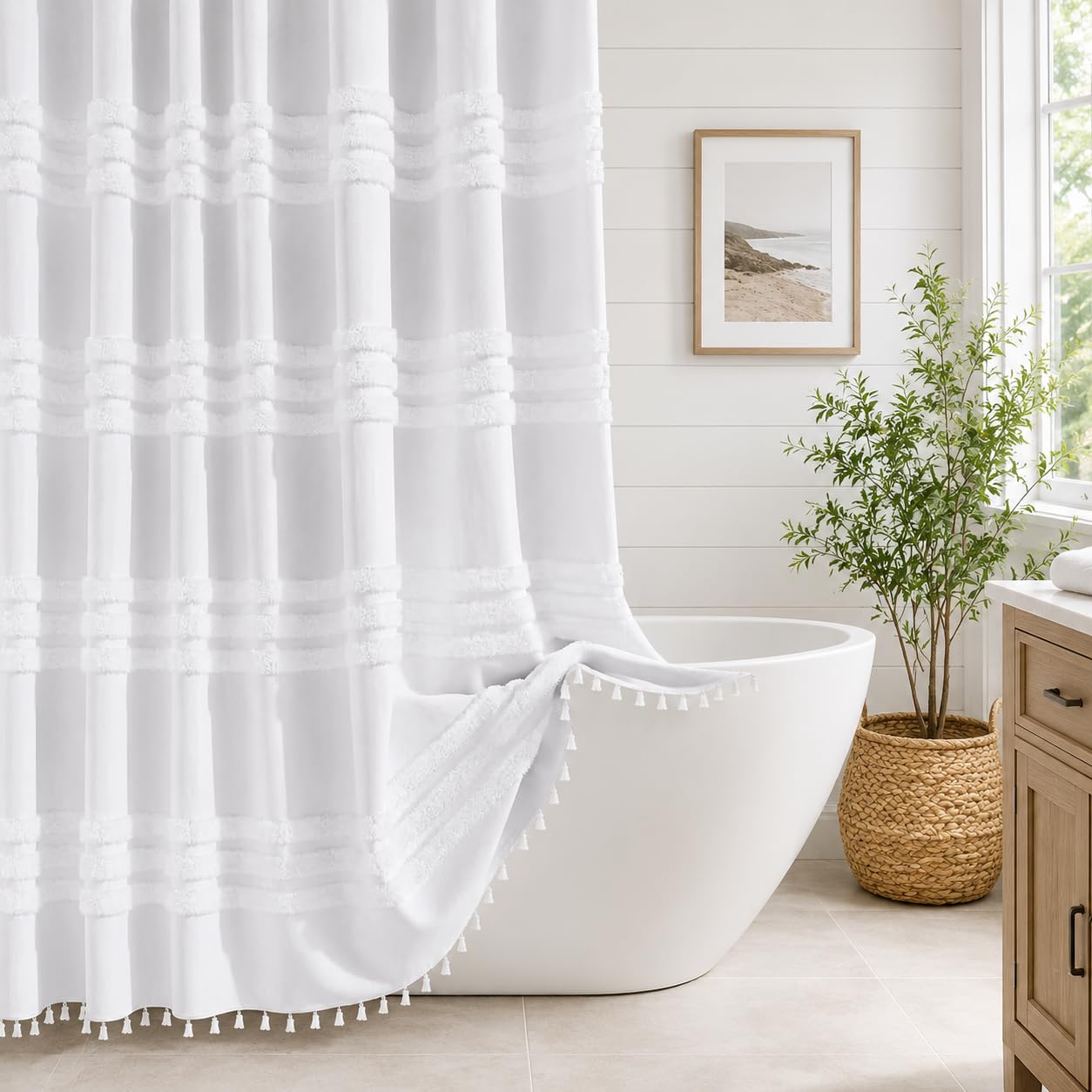 INHOUSOLU HOME DÉCOR Inhousolu Home Decor Stylish Woven Shower Curtain 256Gsm Boho Tufted Striped Waterproof from B&Q