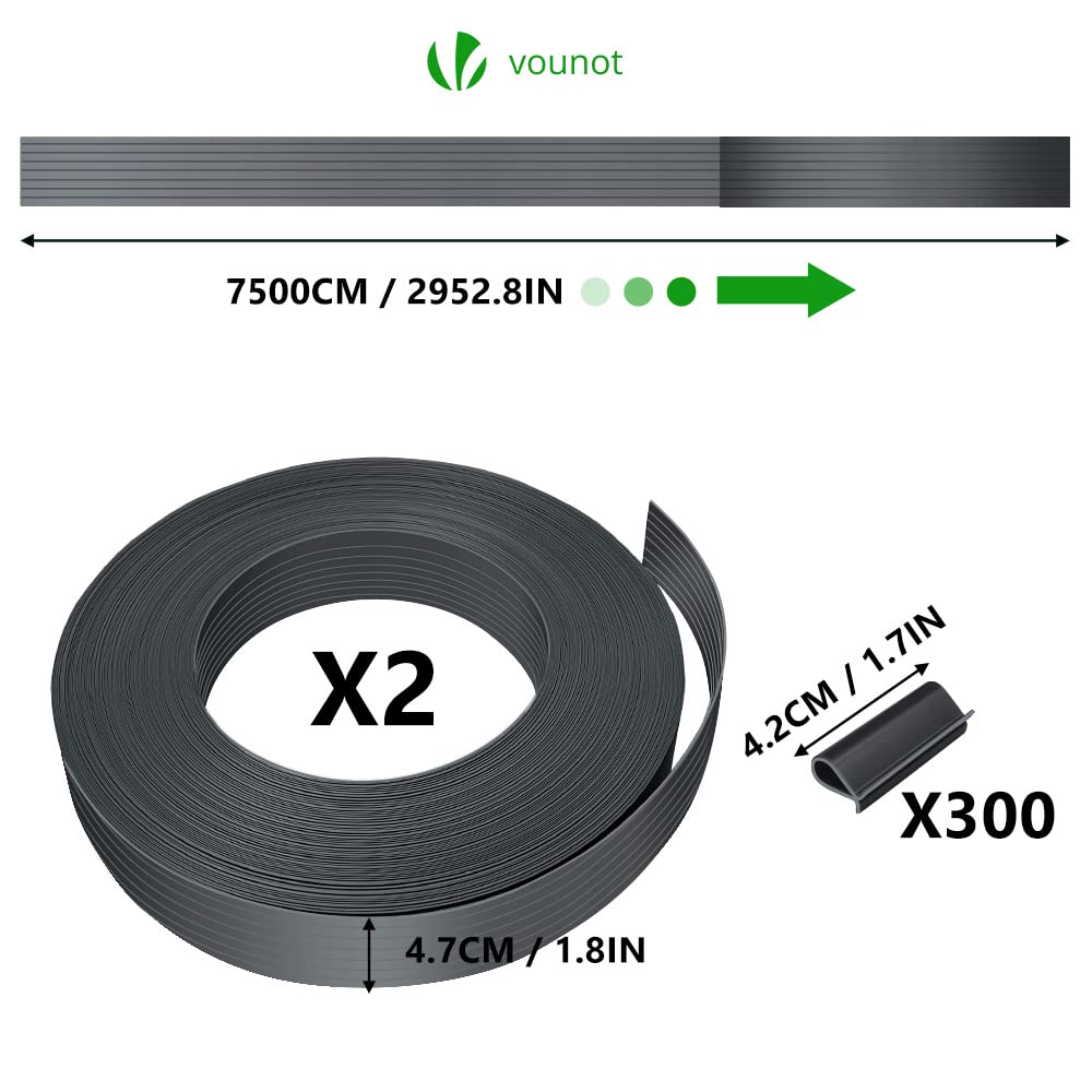 VOUNOT® Strisce di Protezione in PVC per Recinzioni da Giardino e Recinzioni a Doppia Asta 150m x 4.7cm, Strisce Frangivista in PVC con 300 Clip di Fissaggio, Grigio