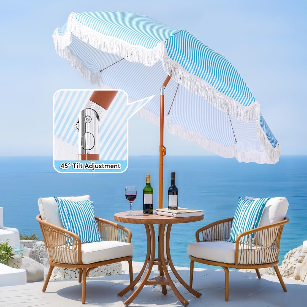 Parasol Ogrodowy Boho z Frędzlami 200 Cm z Regulacją Nachylenia, W Paski, z Filtrem Upf50+, na Trawnik, Basen, Stół Ogrodowy