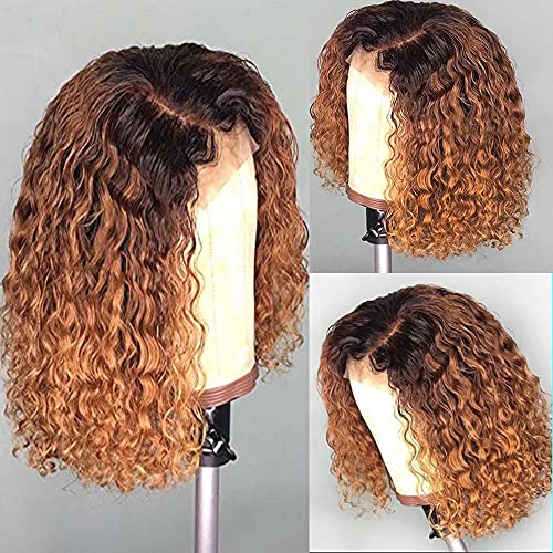 Brennas Hair 13X4 Curly Lace Front Human Hair Wigs For Black Women 1B/27 Ombre Honey Blond Short Bob Wigs Brazilian Virgin Hair Curly Bob Wigs With Baby Hair Pre Plucked 10 Inch 150% Density #TOP1
