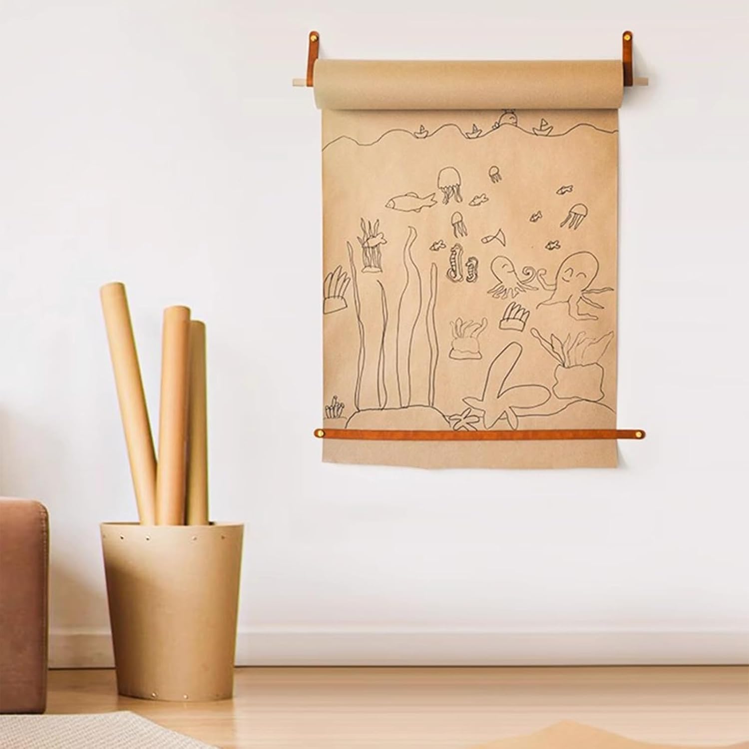 LNNW modna rolka papieru kraftowego Uchwyt na papier rzeźniczy i nóż do montażu na ścianie, wiszący zwój papieru pakowego, dozownik papieru do pakowania na notatki ze spotkań(45cm/17.7inch)