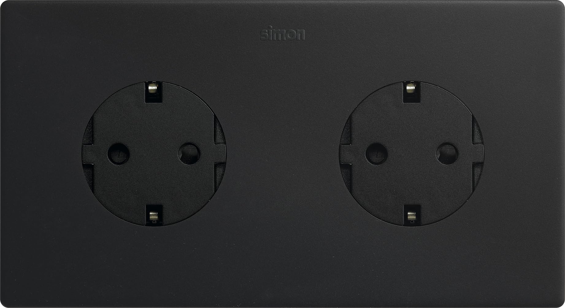 SIMON - KIT Enchufe Doble de Empotrar Clean Schuko, Serie 270, 250V, 16 A, Enchufe de Pared Plano y Fino, Apto para Interiores, Fácil de Instalar, Incluye Marco, Tapa y Mecanismo, Color Negro