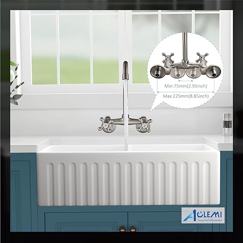 Miniatura 7 de Aolemi Grifo de cocina de montaje en pared, centro de 6 pulgadas con caño giratorio, extensión ajustable, 2 manijas cruzadas, lavabo, mezclador,