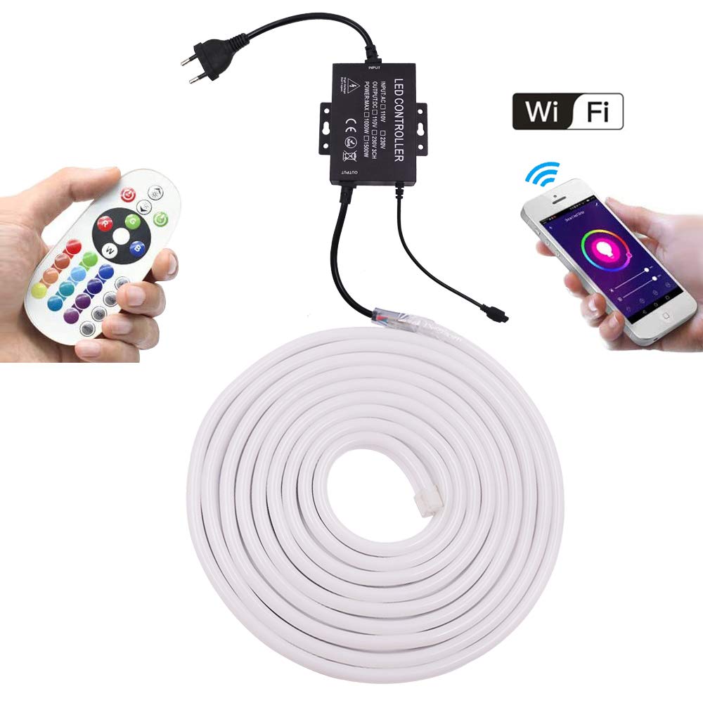 XUNATA Luce al neon WiFi RGB con telecomando, 220 V, impermeabile e flessibile, striscia LED, sincronizzazione musica, controllo app (50 m)