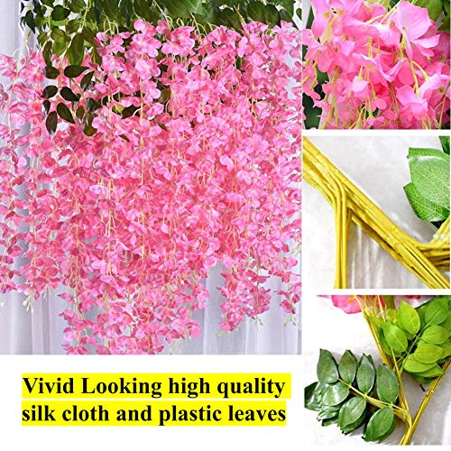 Image of Tdas Artificial Flower Wisteria Hanging Vine for Home Decoration Plants Plastic Flowers Decor Items Decorative Bunch Creepers Garlands Leaves Wedding Room, 110 CM (Dark Pink, 6)