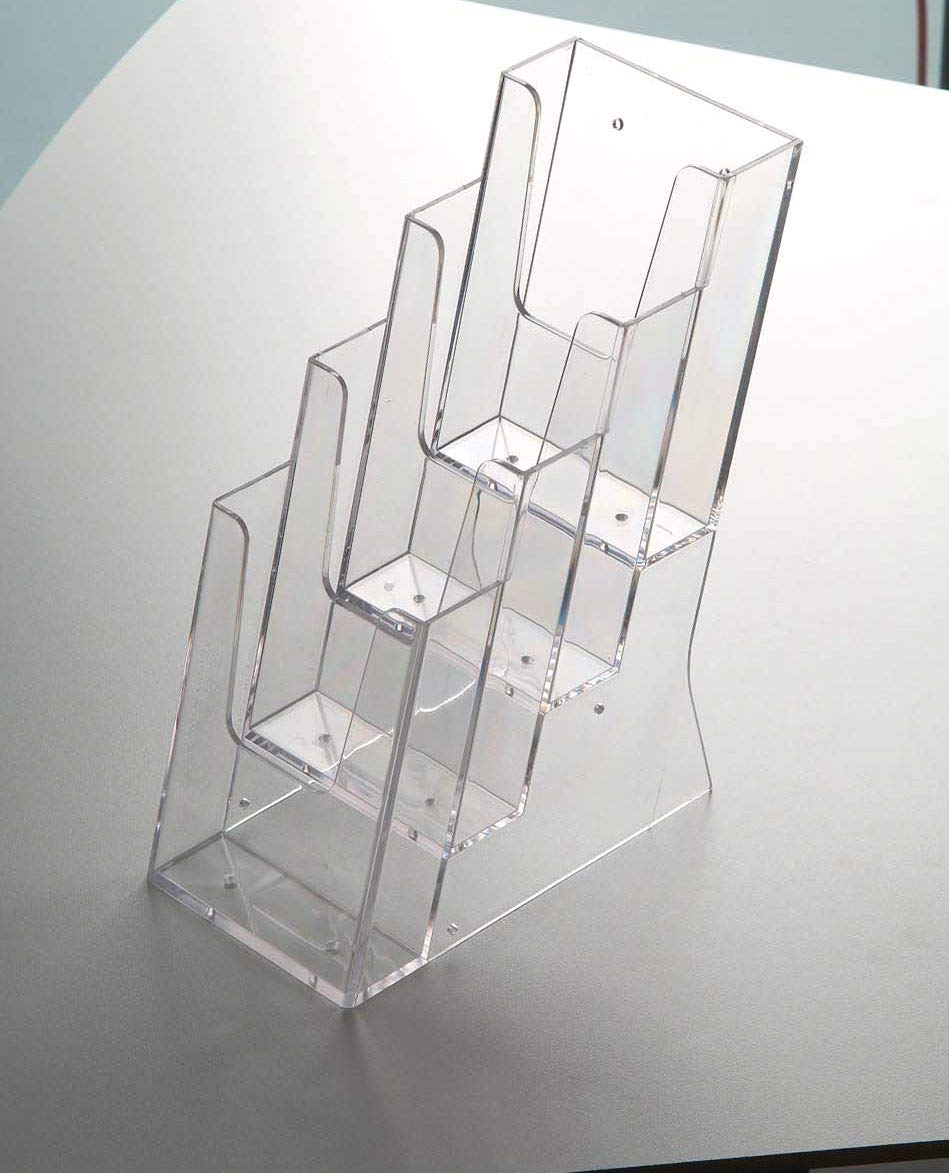 Tisch-Prospektständer mehrfach Etagen Prospekthalter aus Acryl DIN A4 / DIN A5 / DIN lang transparent (4 x DIN Lang (18 Stück))