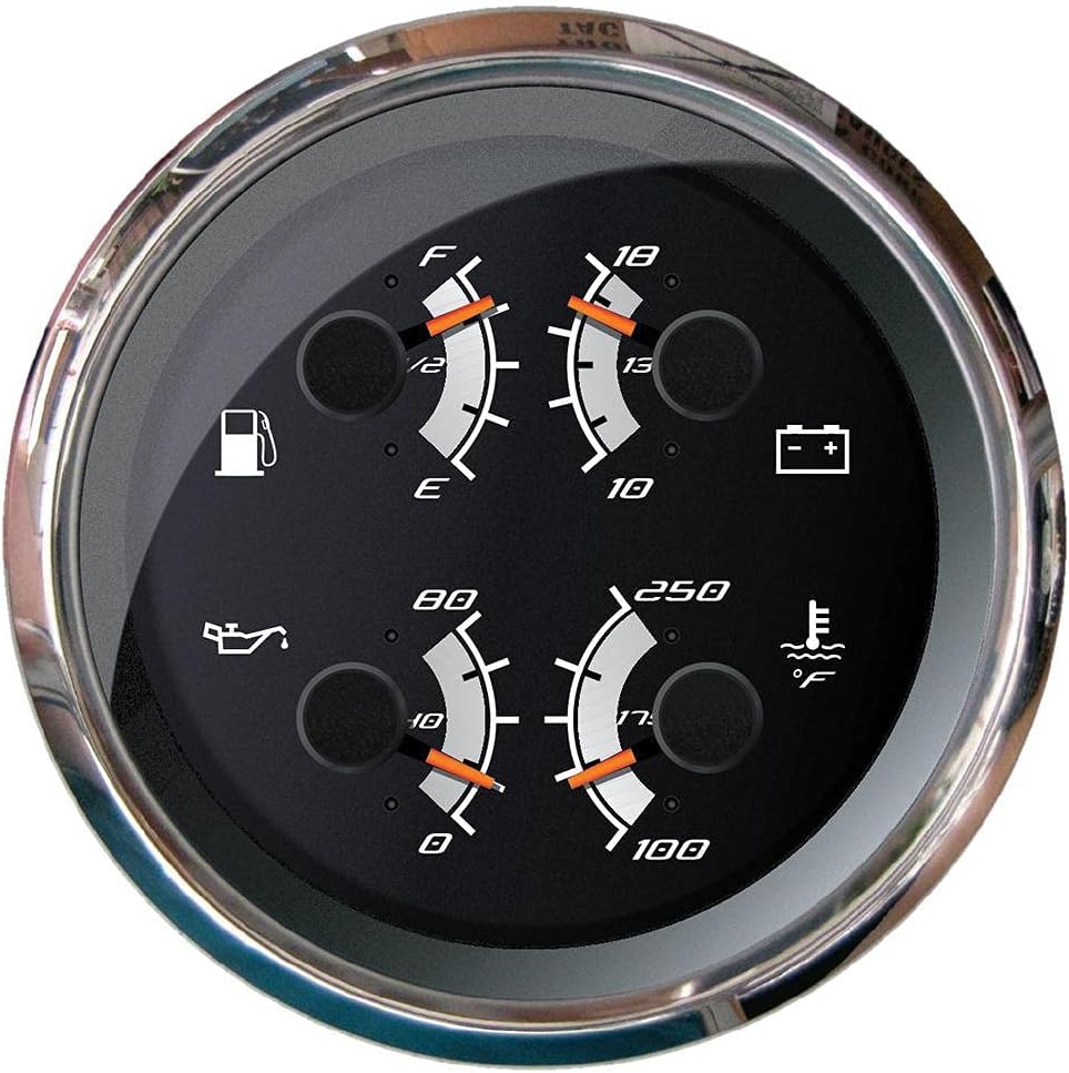 Faria Beede F22014 Multifunction Gauge - Fuel Level, Oil Pressure (80 PSI), Water Temp (120-220F), Voltmeter (10-18 VDC), 4'