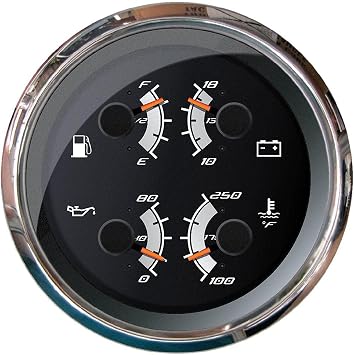 Faria Beede F22014 Multifunction Gauge - Fuel Level, Oil Pressure 80 PSI, Water Temp 120-220F, Voltmeter 10-18 VDC, 4