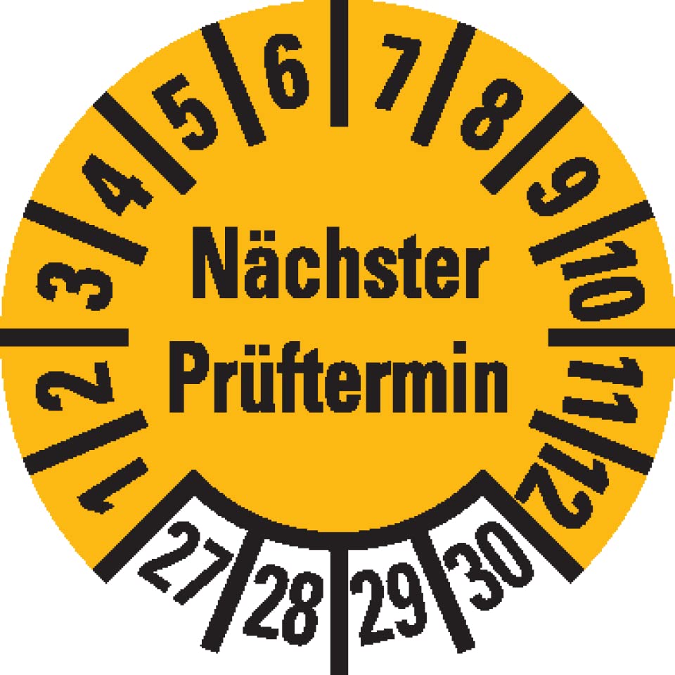 Dreifke® Prüfplakette Nächster Prüftermin 27-30, gelb, Folie, ablösbar, Ø 10mm, 128 St/Bogen
