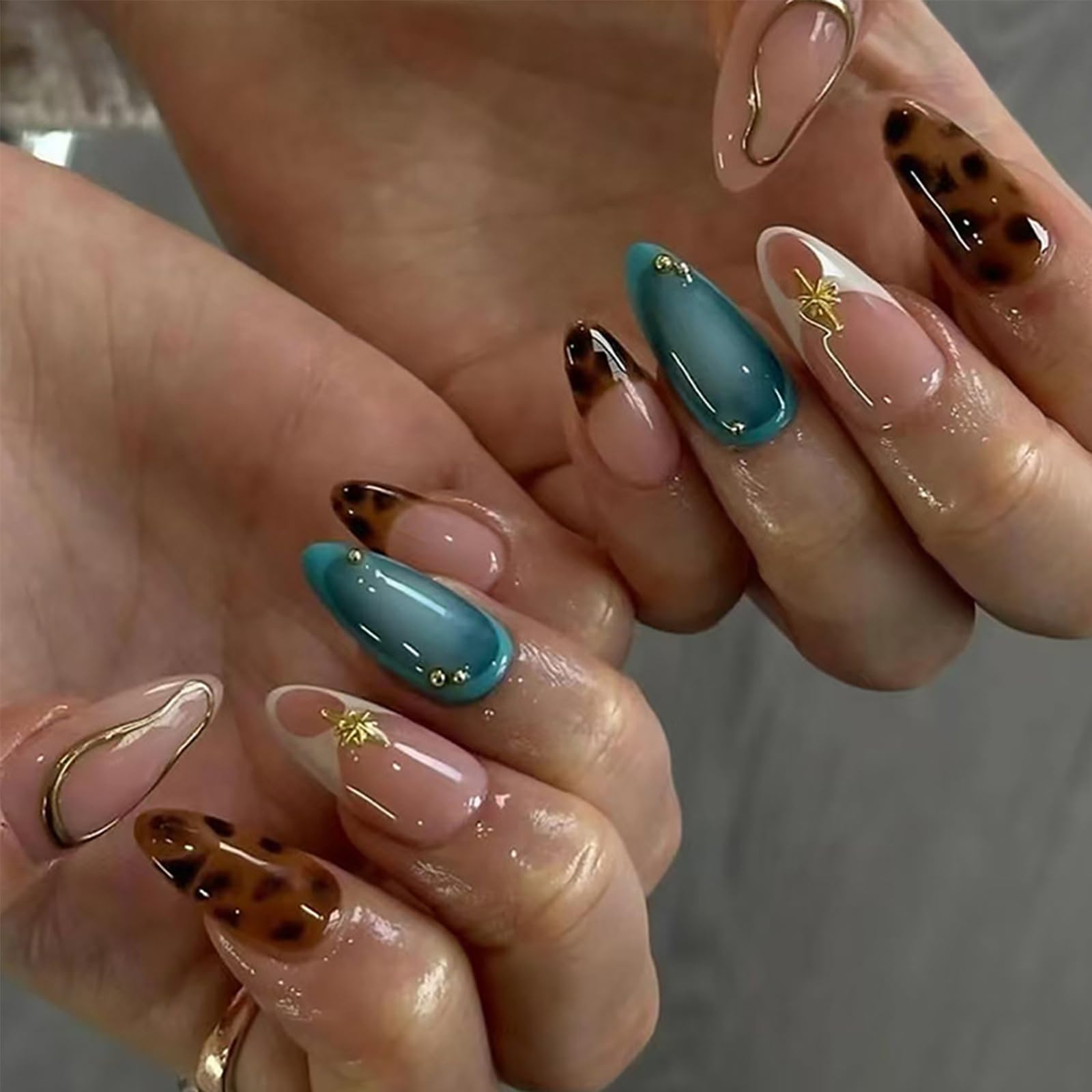 LBPEPAMZ 30Pcs Leopard Press on Nails Medium Almond Fake Nails with 3D Gold Alloy Cross Star Designs Colorful Autumn Brown Blue Nude False Nails Full