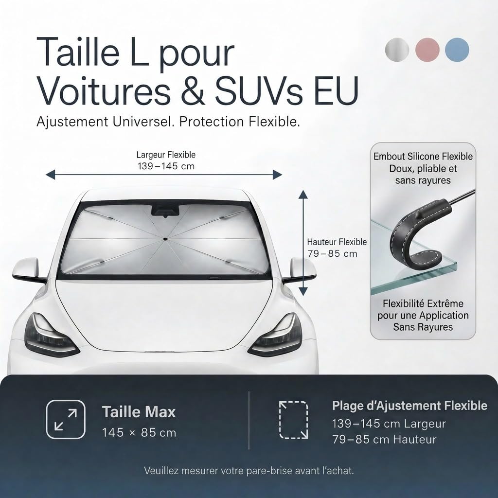 Parasol de Voiture 145 x 85cm avec Découpe en V | pour Voitures UE & SUV, Parapluie Pare-Brise avec Manche Flexible 360°, Anti-UV 3 Couches sans Odeur (Rose Cerisier, L~L)