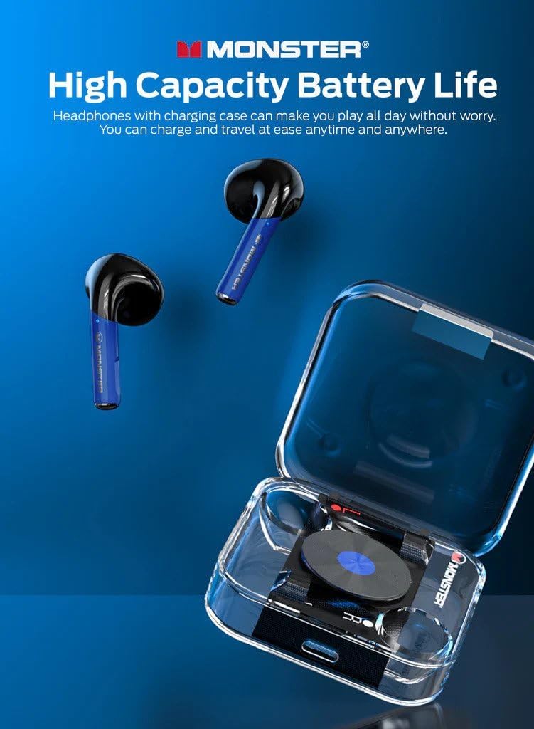 MONSTER Airmars XKT01 earphones out of their case, with a phone displaying 'High Capacity Battery Life'