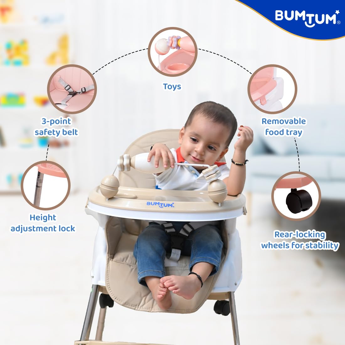 BUMTUM Baby Luxury High Chair 4 in 1 Convertible Folding with Footrest, Convertible to High Chair, Low Chair, & Feeding Seat with Cushion pad - Tan - Image 6 thumbnail