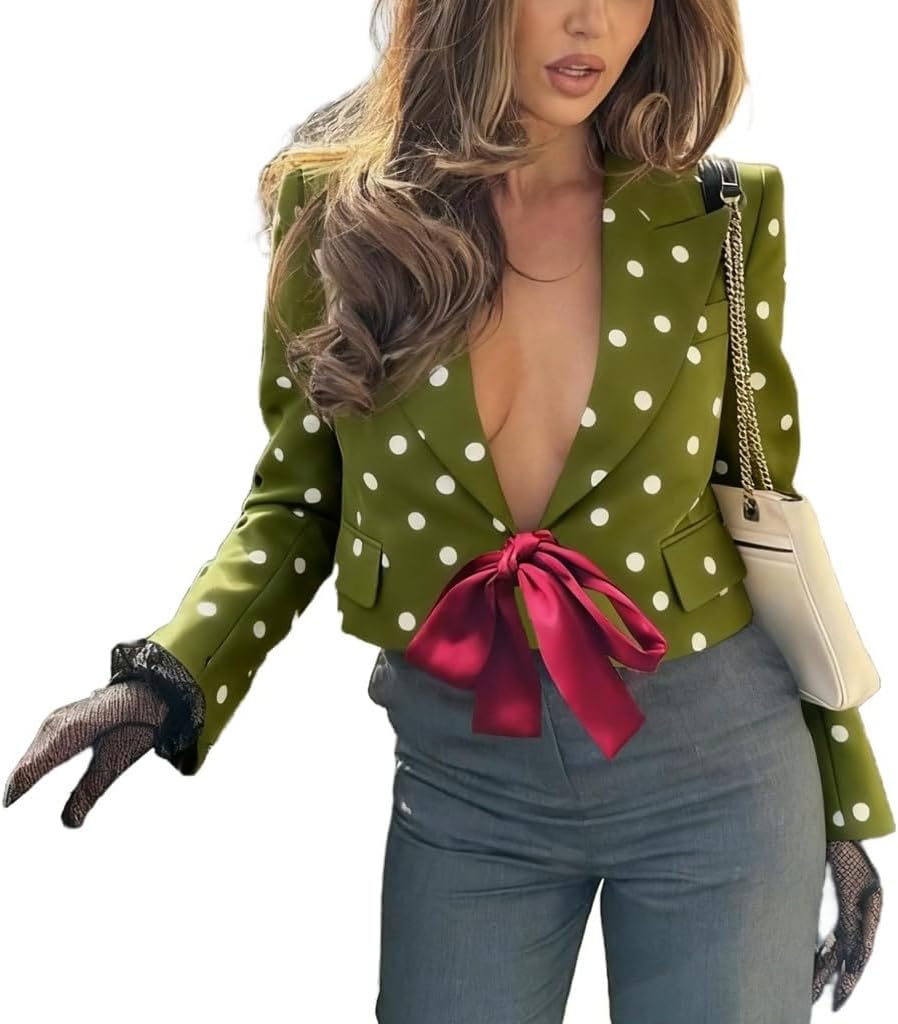 THLAI Womens Polka Dot Blazer Lapel Deep V Neck Bowknot Tie Front Cropped Blazer Fall Coat Outwear
