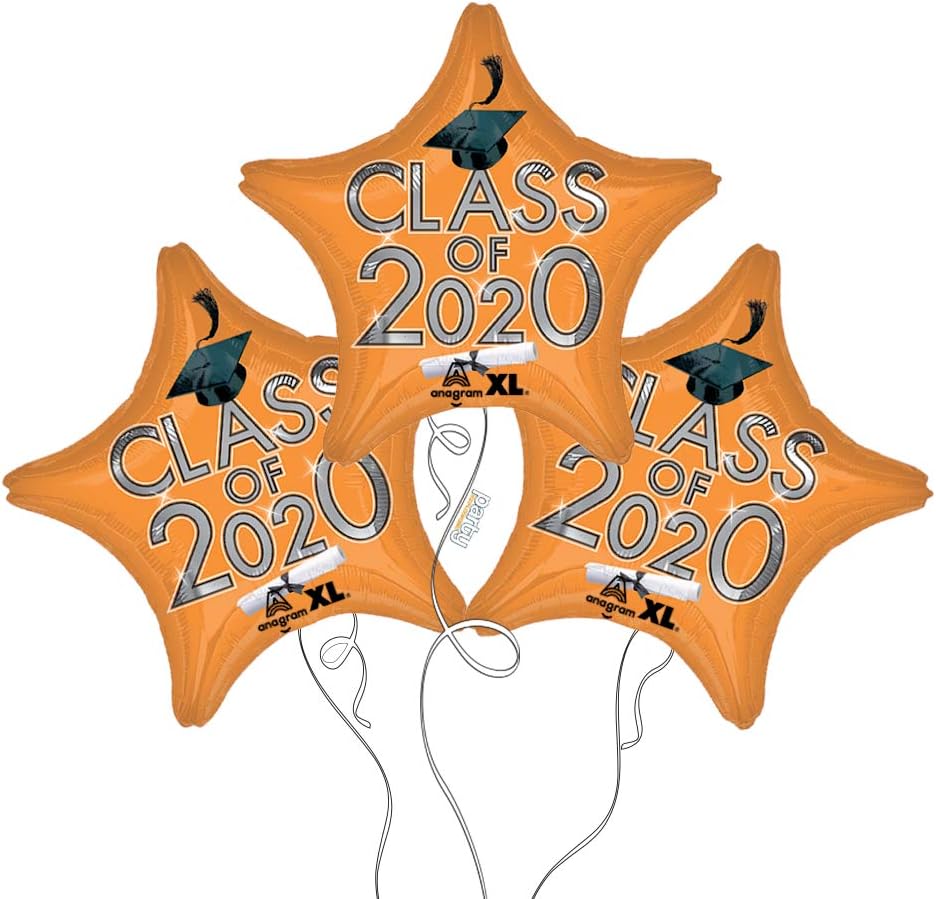 Graduation Cap Star Shaped Mylar Balloons 3-Pack (Orange - Class of 2020)