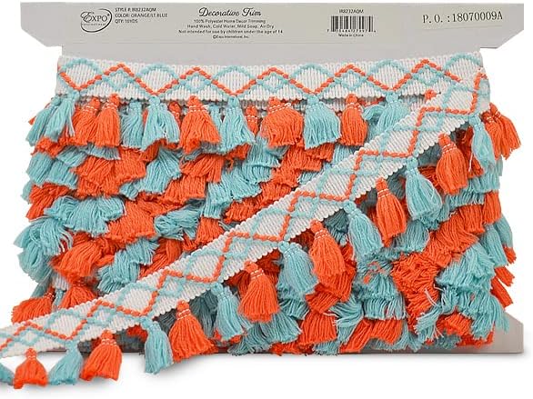 Trims by the Yard Stitched Geo Diamond Tassel Aqua Multi | (10 Yard Cut) Trim