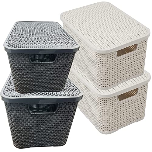 STORM TRADING GROUP Rattan Effect Storage Baskets Cream & Grey With Lids Ideal For Bathroom, Kitchen, Laundry Room, Home & Office Storage Box (4 Baskets, Cream)