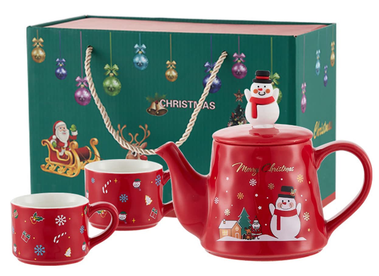 YBK Tech Novelty Tea for 2, Ceramic Coffee Pot Teapot and 2 Cups - Christmas Series, Snowman Pattern (Red)