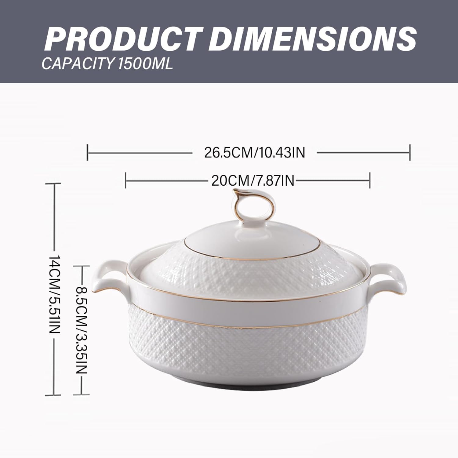 Sopera De CeráMica con Tapa,Cuenco Grande Borde Dorado,Elegante Asas Dobles De Porcelana,para Restaurante,Hogar Y Cocina(with Gold Rim)