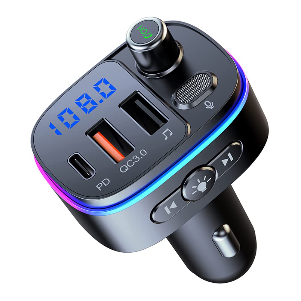 Bluetooth FM Transmitter for Car, Car Radio Bluetooth Adapter with QC3.0 & PD 18W Type C USB Charger Noise Cancellation Supports Siri Google Assistant